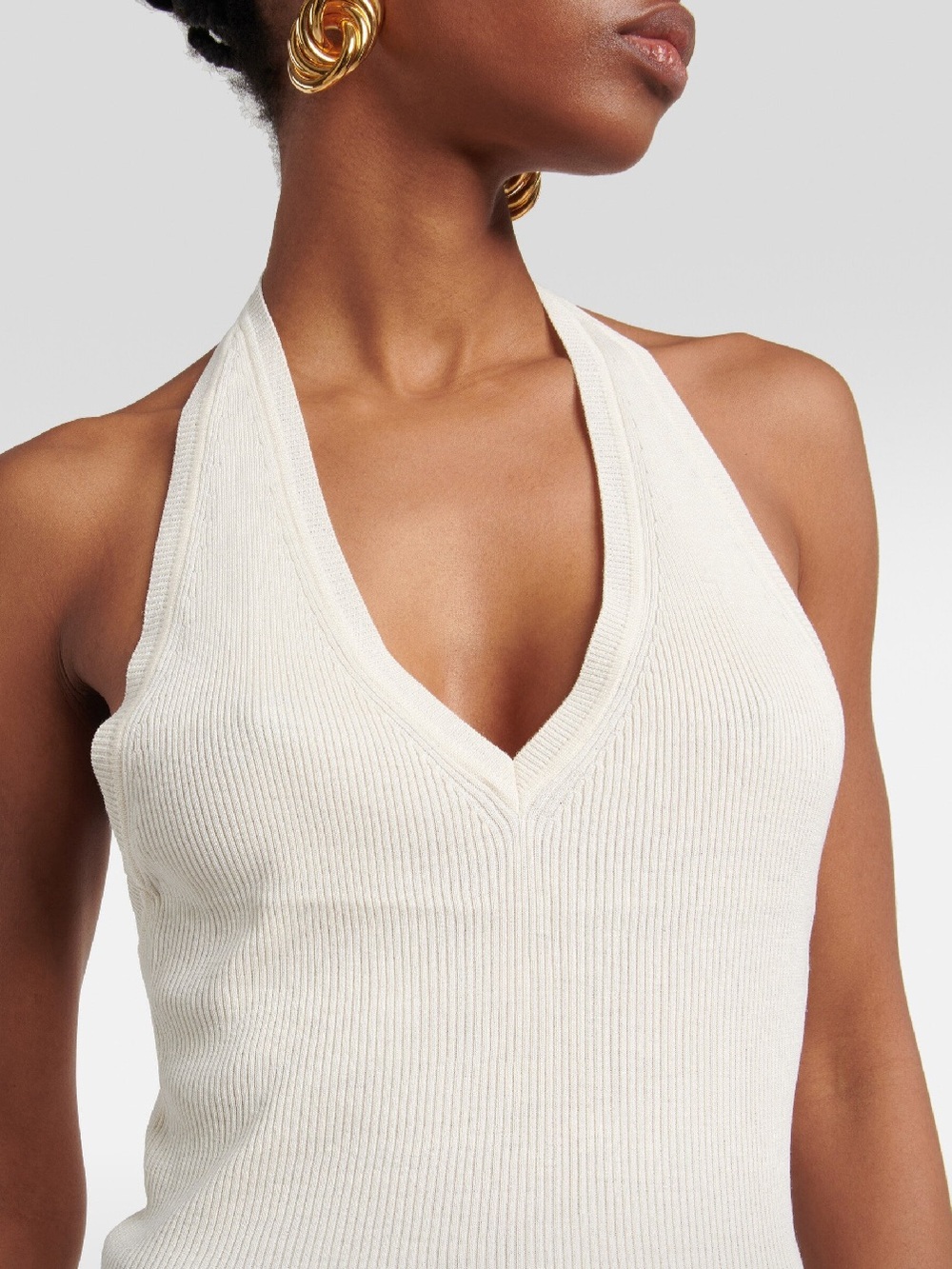NILI LOTAN IVEY SILK HALTER, XSMALL Cream Ribbed Halter V-Neck Tank Top